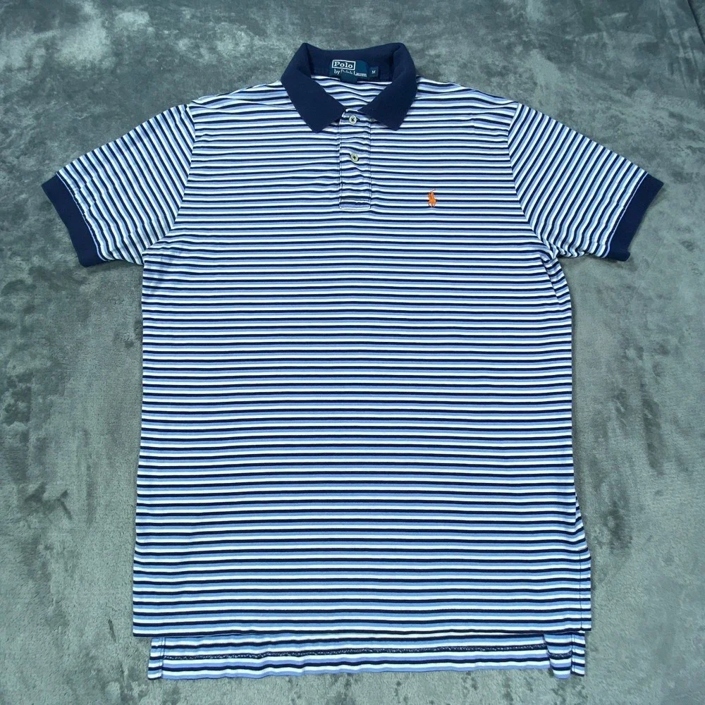 Vintage Polo Ralph Lauren Shirt Men M Blue Stripe Classic Fit Golf Preppy Casual